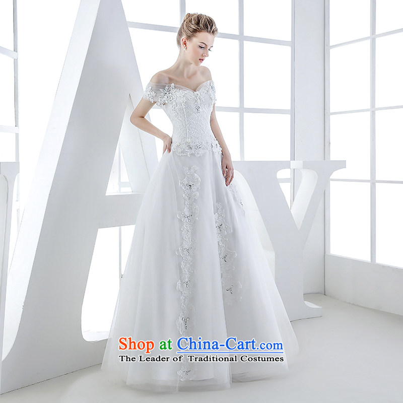 Wedding dress of autumn and winter 2015 new bride first field to align the shoulder v-neck with Europe and the cuff princess stylish and simple white S honeymoon bride shopping on the Internet has been pressed.