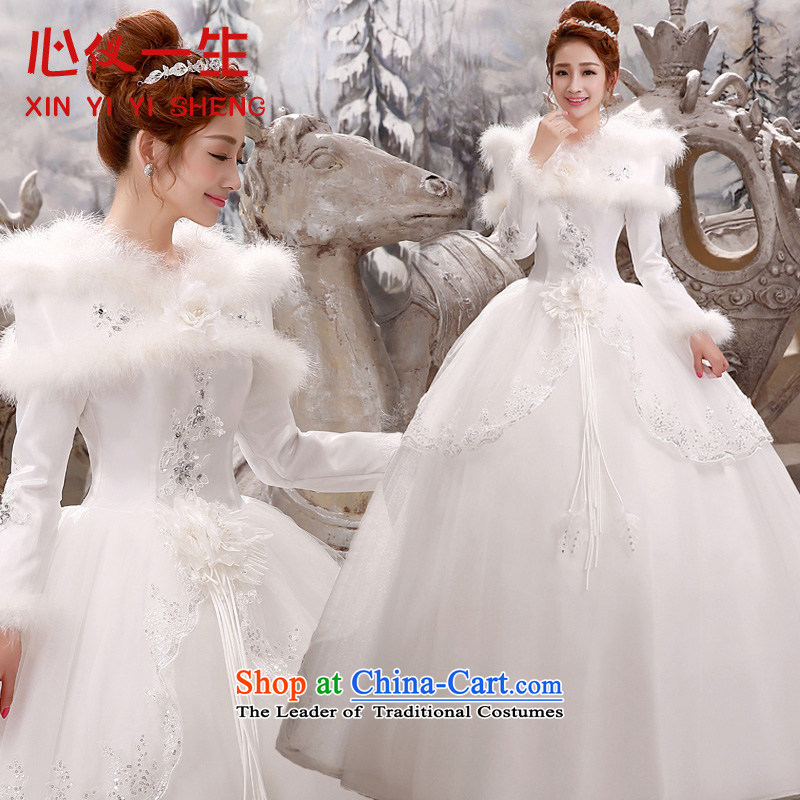 A heart is Korean style New bride a 2015 Field shoulder for winter wedding dress white long-sleeved cotton plus winter autumn and winter for the Korean version of the winter gross_ White?XL