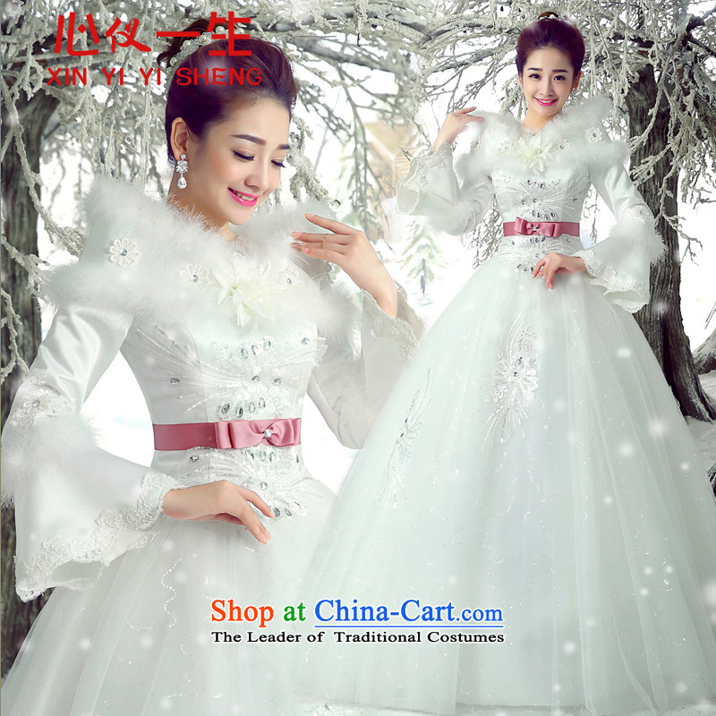 On the first of the wedding dresses Word 2015 winter plus long-sleeved cotton shoulder autumn and winter for the Korean version of the winter gross align to tie, Wedding WhiteM
