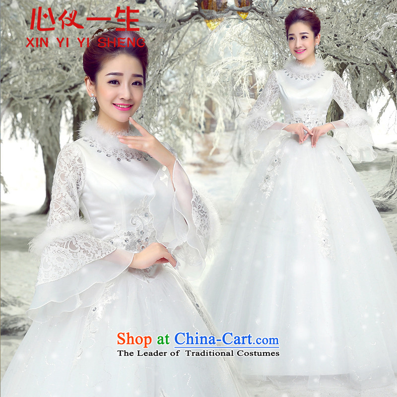 On the first of the wedding dress 3015 new winter plus cotton long-sleeved to align bon bon skirt wedding fashion horn cuff warm winter clothing marriages wedding WhiteXL