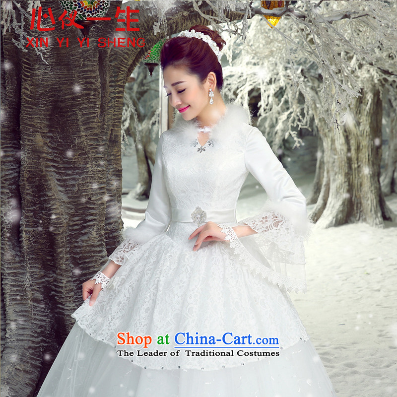 On the first of the wedding dress 2015 new Korean brides large graphics to align the thin shoulders the word wedding shoulder of autumn and winter plus cotton long-sleeved bon bon skirt wedding White M heart is a lifetime (xinyiyisheng) , , , shopping on