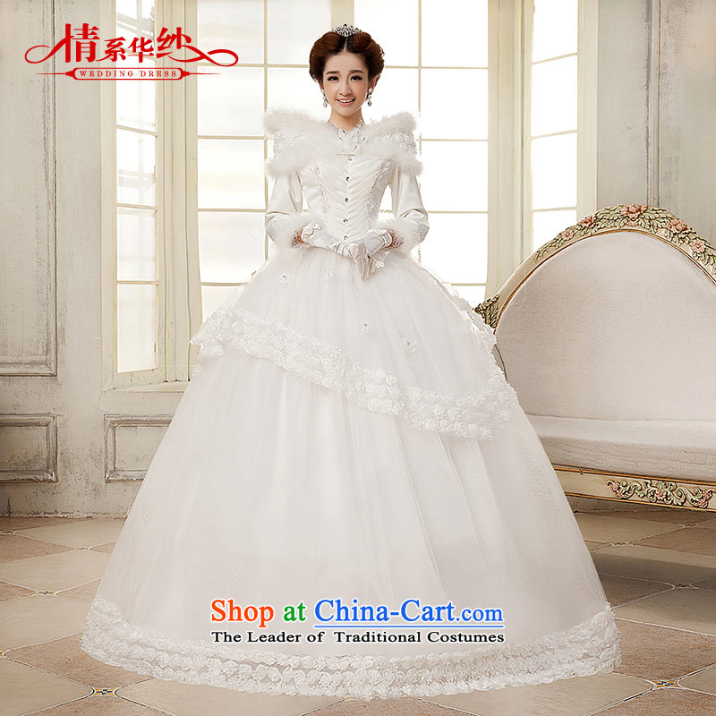 Qing Hua 2015 winter new yarn wedding Korean brides princess long-sleeved folder cotton warm white wedding word shoulder White XL, Qing Hua yarn , , , shopping on the Internet
