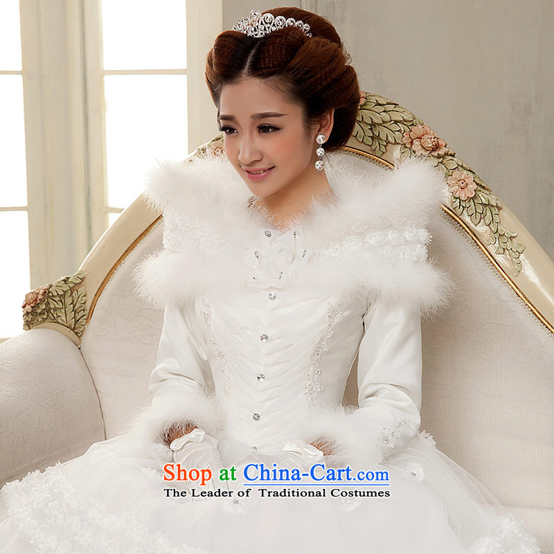 Qing Hua 2015 winter new yarn wedding Korean brides princess long-sleeved folder cotton warm white wedding word shoulder White XL, Qing Hua yarn , , , shopping on the Internet