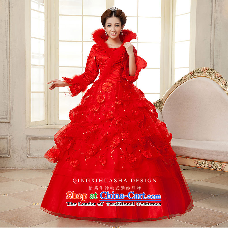 Qing Hua yarn New Red Winter 2015 wedding long-sleeved folder cotton warm bride wedding dress lovely Korean flower red XL Photo, prices, brand platters! The elections are supplied in the national character of distribution, so action, buy now enjoy more preferential! As soon as possible.