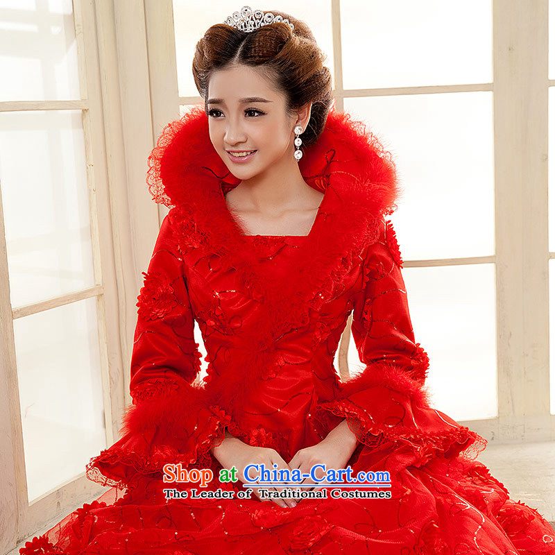 Qing Hua yarn New Red Winter 2015 wedding long-sleeved folder cotton warm bride wedding dress lovely Korean flower red XL, Qing Hua yarn , , , shopping on the Internet