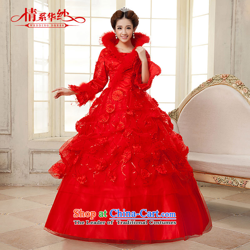 Qing Hua yarn New Red Winter 2015 wedding long-sleeved folder cotton warm bride wedding dress lovely Korean flower red XL, Qing Hua yarn , , , shopping on the Internet