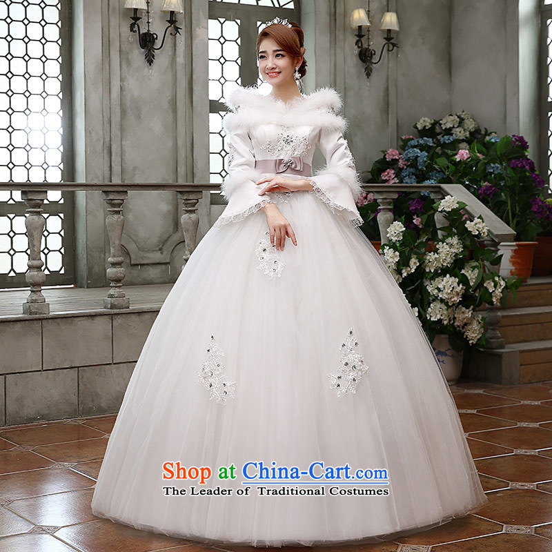 Qing Hua2015 winter new yarn wedding Korean brides long-sleeved folder word cotton shoulder warm wedding dress party WhiteXL Princess