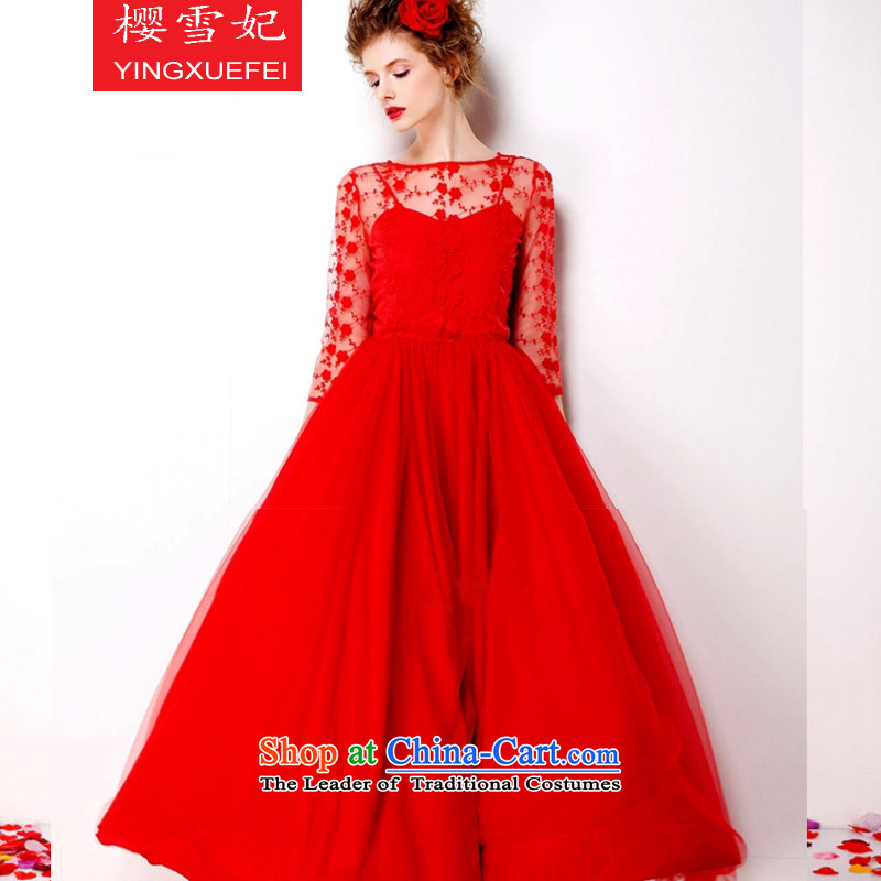 Enear Princess 2015 lace retro red petticoat bride 9 m large long skirt dress large red embroidered dress BB56 RED M enear princess shopping on the Internet has been pressed.