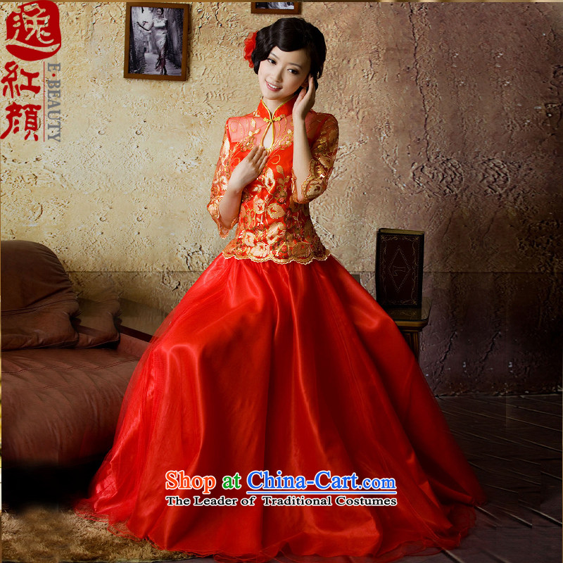 To be concentrated on marriage in cuff brides dress qipao bows to stylish red?L