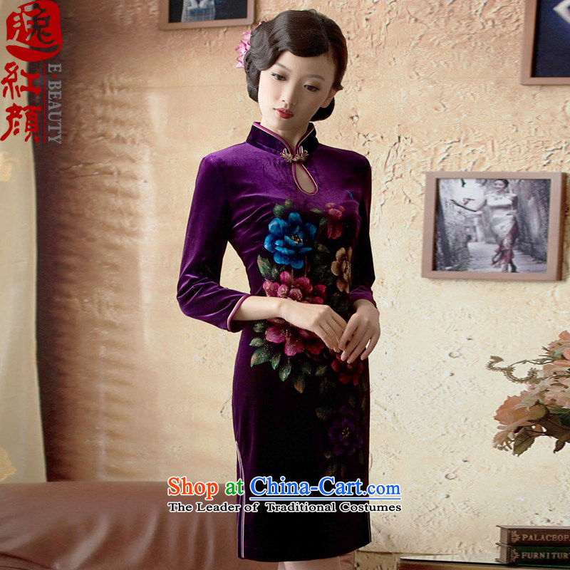【 Yat-lan fall prey- lady in the Cuff hand-painted silk cheongsam improvements retro Kim scouring pads 7 Cuff Purple 2XL