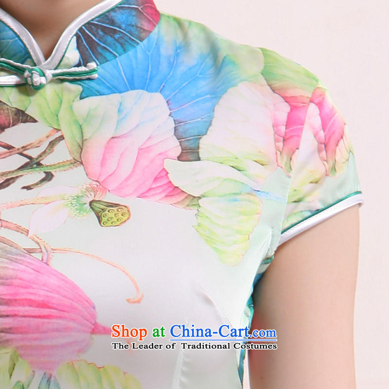 The former Yugoslavia Li aware of spring and summer 2015 New Stylish retro improved I should be grateful if you would have the following a cool breeze in the Sau San emulation silk cheongsam dress skirt small Kangnam QW4503 green lotus M, Yugoslavia (Q.LI