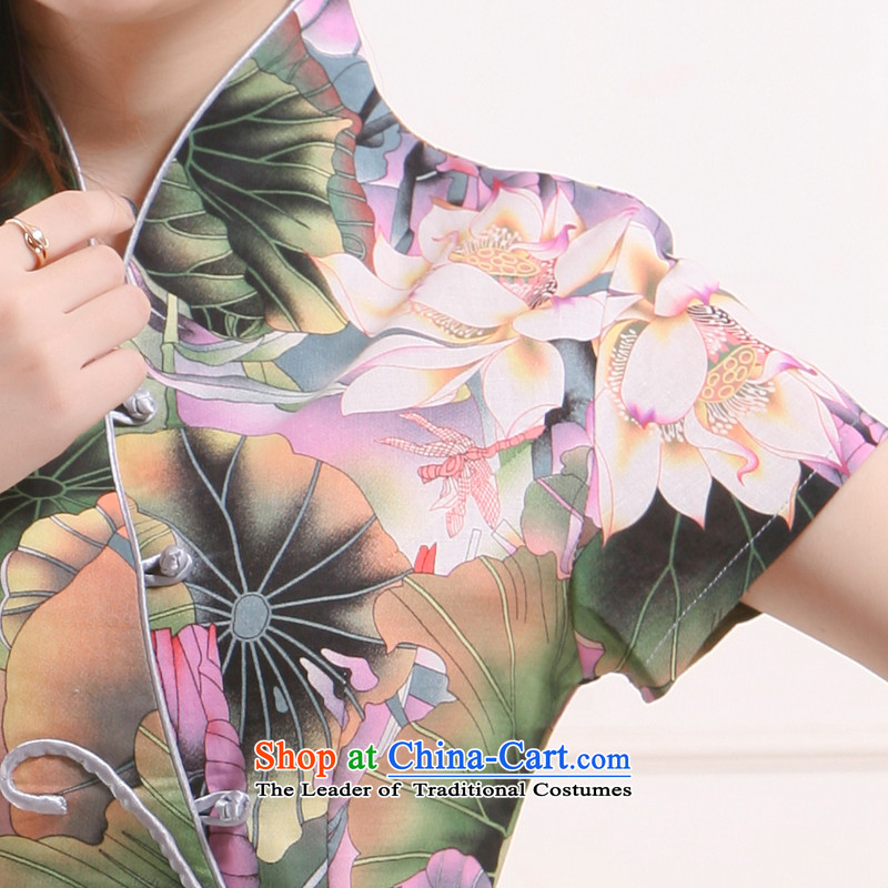 2015 new summer stylish improved lotus short shirts qipao V-neck in the Tang dynasty, Ms. Li known small improvement retro QW-113 green lotus XXL, Yugoslavia (Q.LIZHI Li shopping on the Internet has been pressed.)