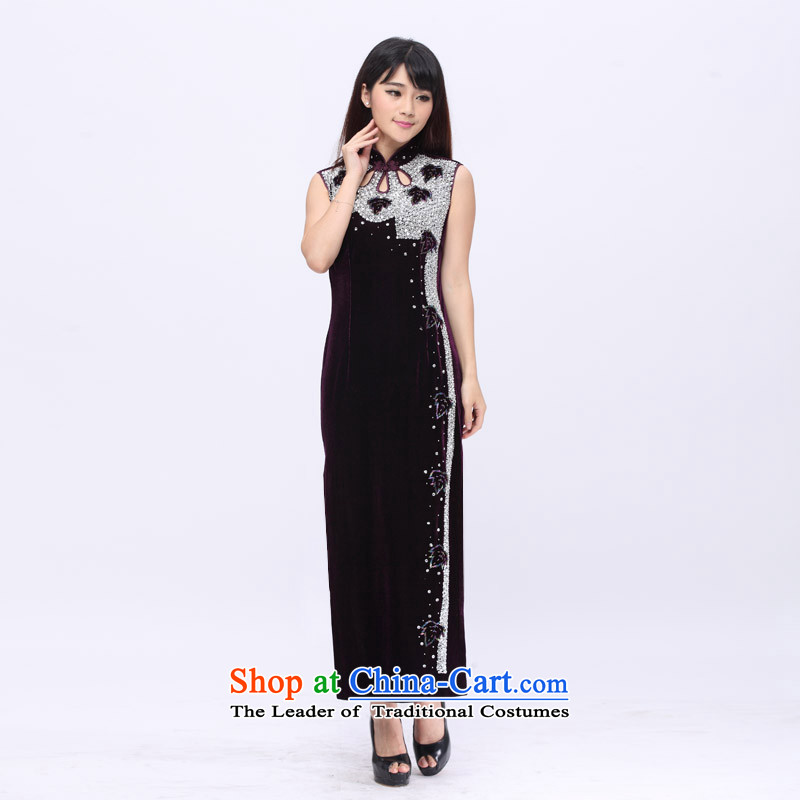 The evening banquet noble and elegant ladies dress full Stretch Wool Pearl embroidered manually qipao 201501A purple bottom Eun-joo , L, Digang shopping on the Internet has been pressed.
