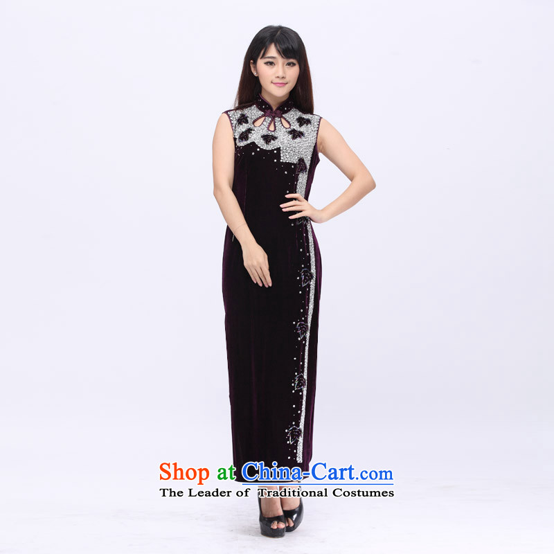 The evening banquet noble and elegant ladies dress full Stretch Wool Pearl embroidered manually qipao 201501A purple bottom Eun-joo , L, Digang shopping on the Internet has been pressed.