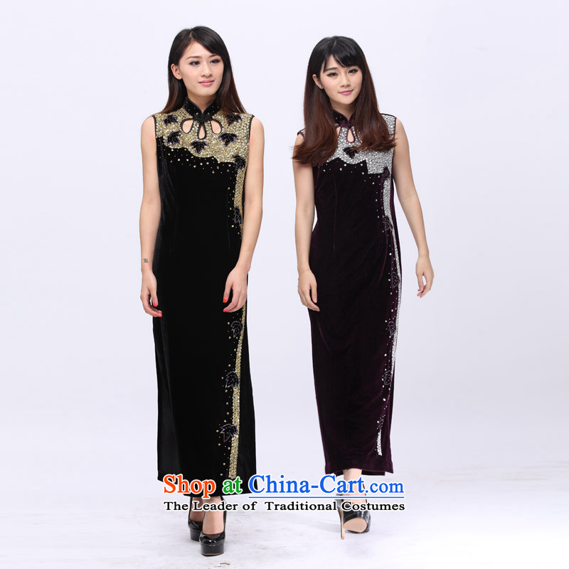 Email noble elegance package ladies dress full hand made embroidered booking Pearl Stretch Wool qipao 201501 Black M digang shopping on the Internet has been pressed.