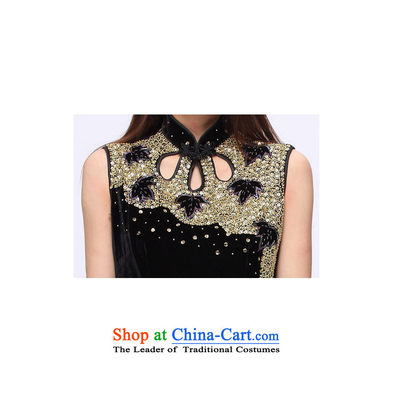 Email noble elegance package ladies dress full hand made embroidered booking Pearl Stretch Wool qipao 201501 Black M digang shopping on the Internet has been pressed.