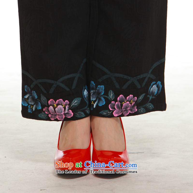 2014 New Tang pants, micro-thick ink stamp retro lotus improved Ms. QM12091 pants Sau San  M-42, black small li (Q.LIZHI) , , , shopping on the Internet