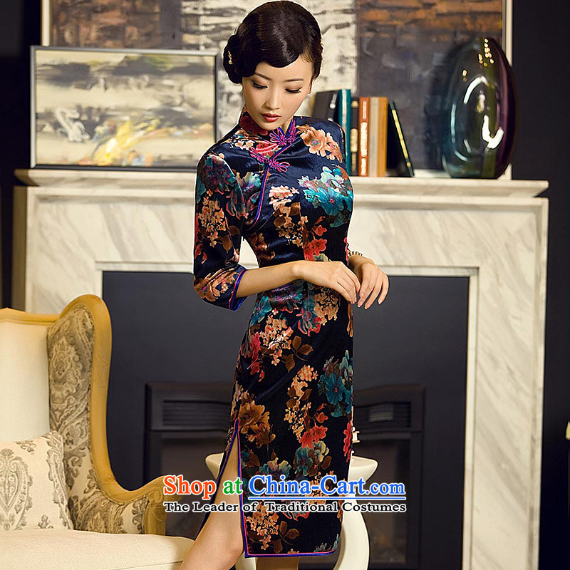 The elections as soon as possible the twin flowers Yat archaeologist makes 2015 the new boxed long-sleeved suede autumn cheongsam dress suit the new stylish retro autumn in cuff qipao skirt blue S, Yat Lady , , , shopping on the Internet
