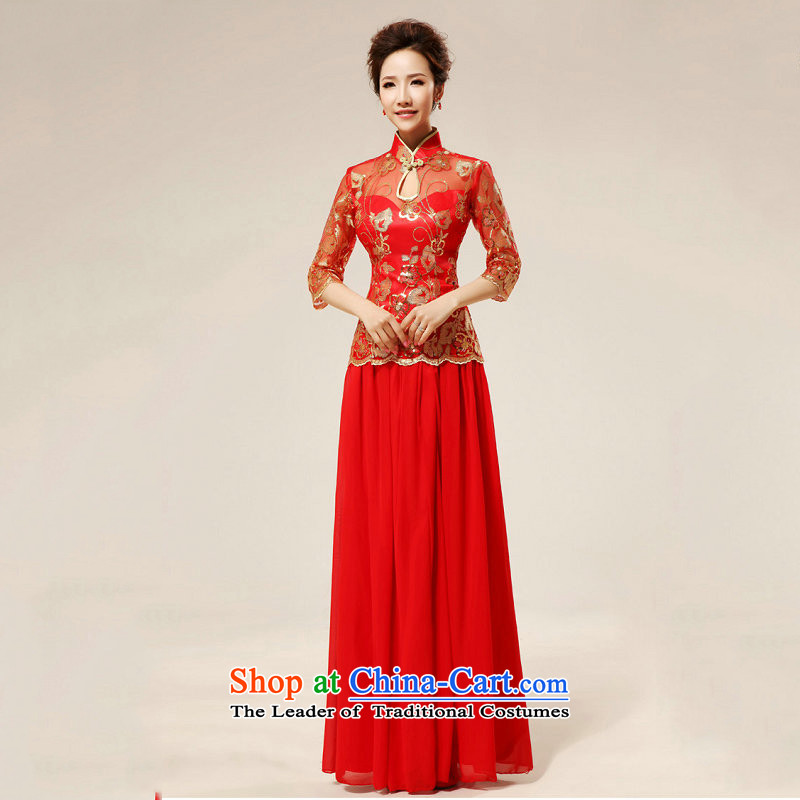 The population of Taiwan New red retro sexy lace qipao stylish improvement qipao bows qipao XS1980 sleeved red XL, Taiwan's shopping on the Internet has been pressed.