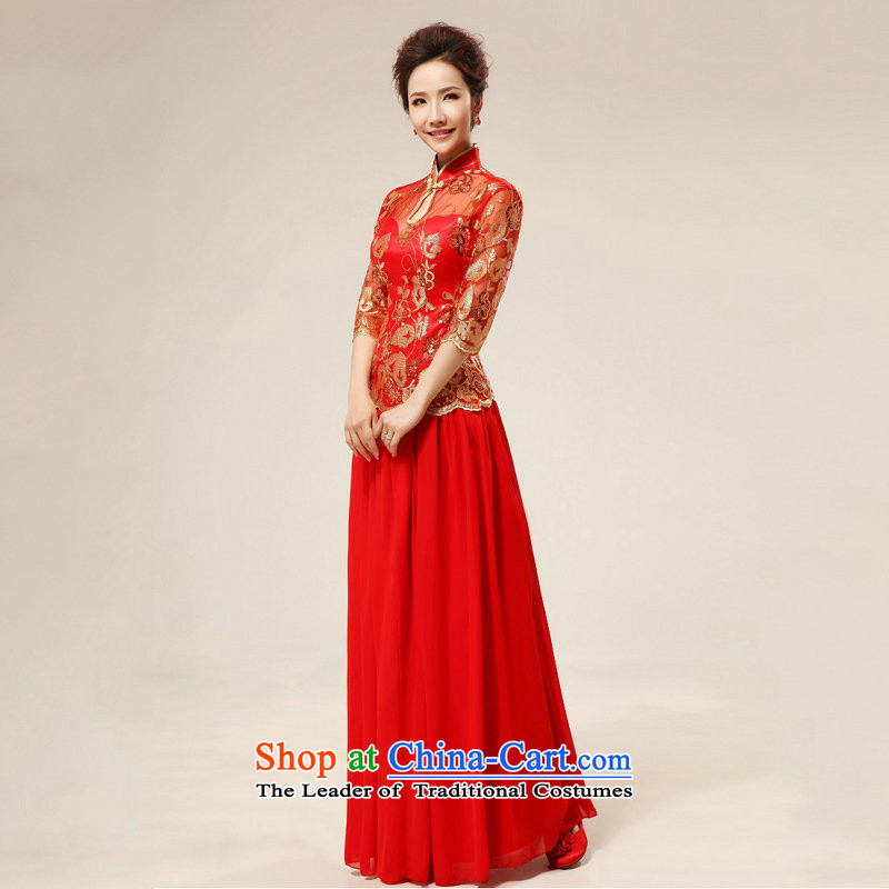 The population of Taiwan New red retro sexy lace qipao stylish improvement qipao bows qipao XS1980 sleeved red XL, Taiwan's shopping on the Internet has been pressed.
