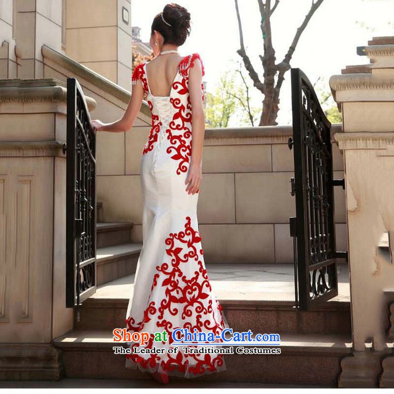 Taiwan New luxurious silk 2014 red and white crowsfoot long evening dresses bows services wedding dresses FW1967 performance white S, Taiwan's shopping on the Internet has been pressed.
