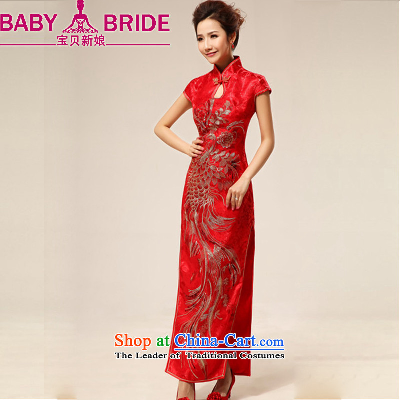 Baby bride stylish China wind red long marriages wedding dresses qipao Phoenix Mudan marriage cheongsam red waist size 2
