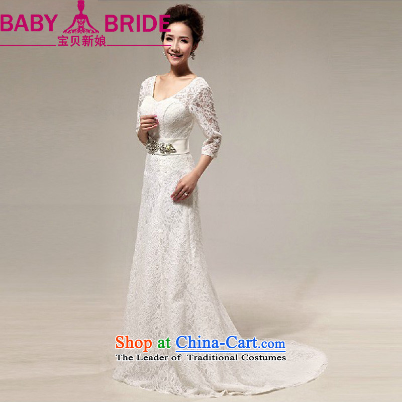 The Korean version of the bride baby luxury on the drilling sweet lace a field in the tail light shoulder cuff marriages wedding dresses m White L