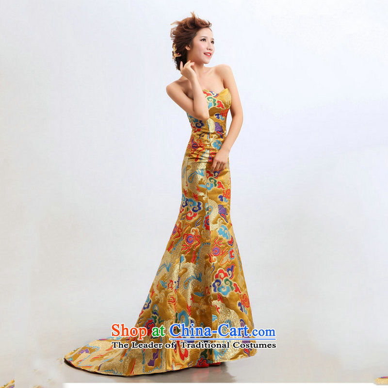 The new bride dragon robe bows cheongsam dress wedding XS2283 will  Taiwan population has been pressed Yellow XL, online shopping