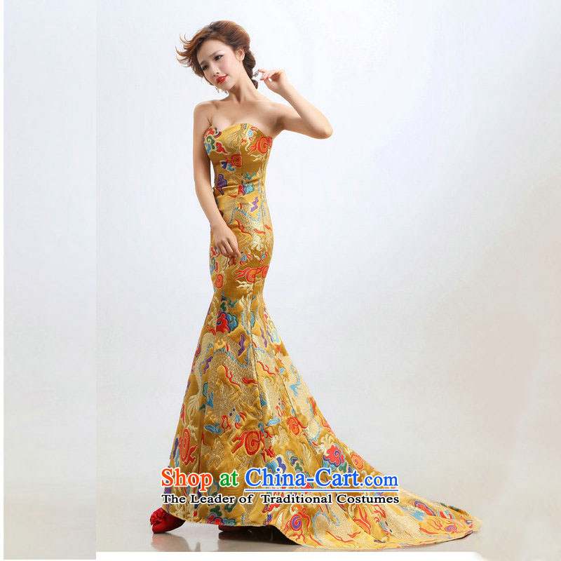 The new bride dragon robe bows cheongsam dress wedding XS2283 will  Taiwan population has been pressed Yellow XL, online shopping