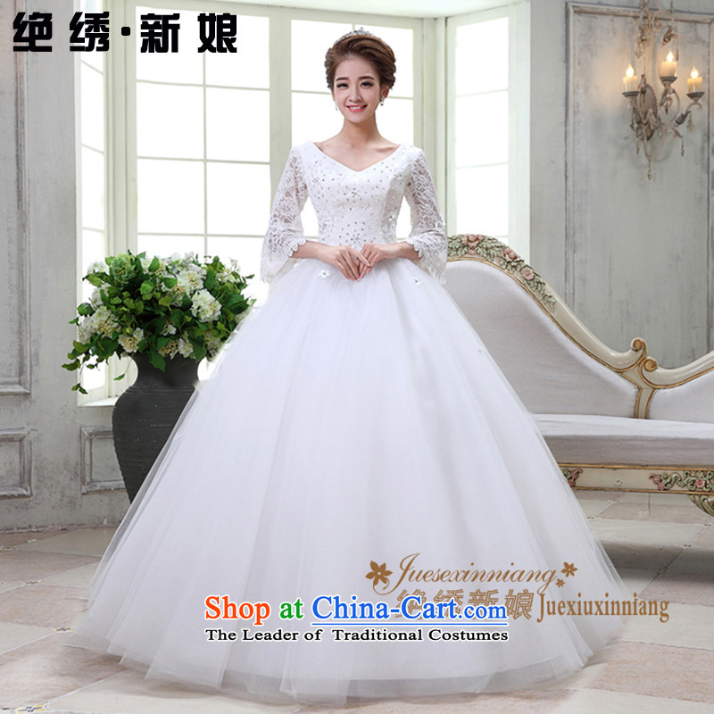 There is a long-sleeved winter bride embroidery lace V-neck a field to align the shoulder straps bride wedding White?XL