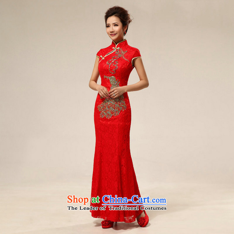 There is also optimized 8D red retro lace marriages bows qipao gown XS7128 red colored silk is optimized XXL, shopping on the Internet has been pressed.
