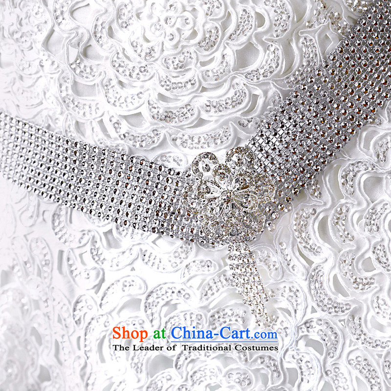 A satin lace deluxe tail new 2015 Korean Princess Mary Magdalene chest wedding dresses A993 white , L, a bride shopping on the Internet has been pressed.