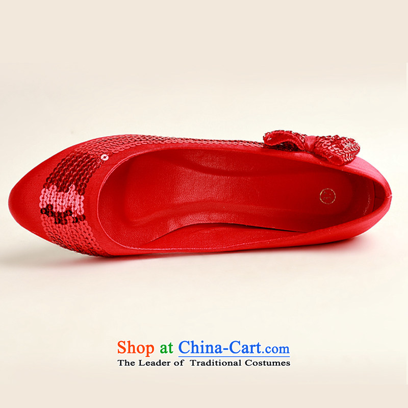 Doi m qi marriages red flash chip side sweet bow tie red shoes, low root marriage, simple, elegant engraving wild DXZ1009 red 35 Demi Moor Qi , , , shopping on the Internet