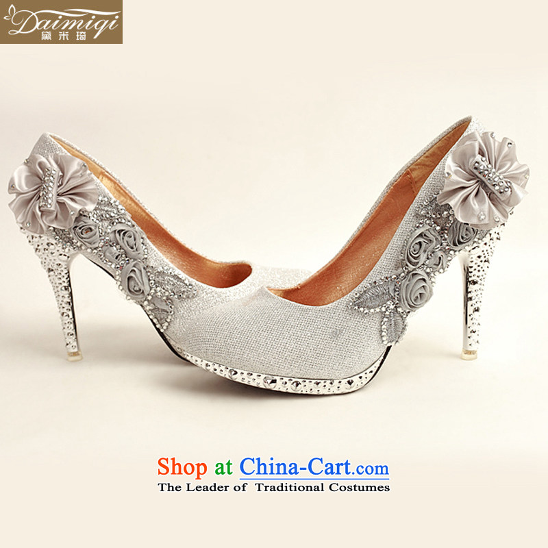 Doi m qi 2014 womens single shoe on the new chip ultra noble water drilling marriage shoes bride shoes silver legrix round head high heels DXZ10013 Silver 36