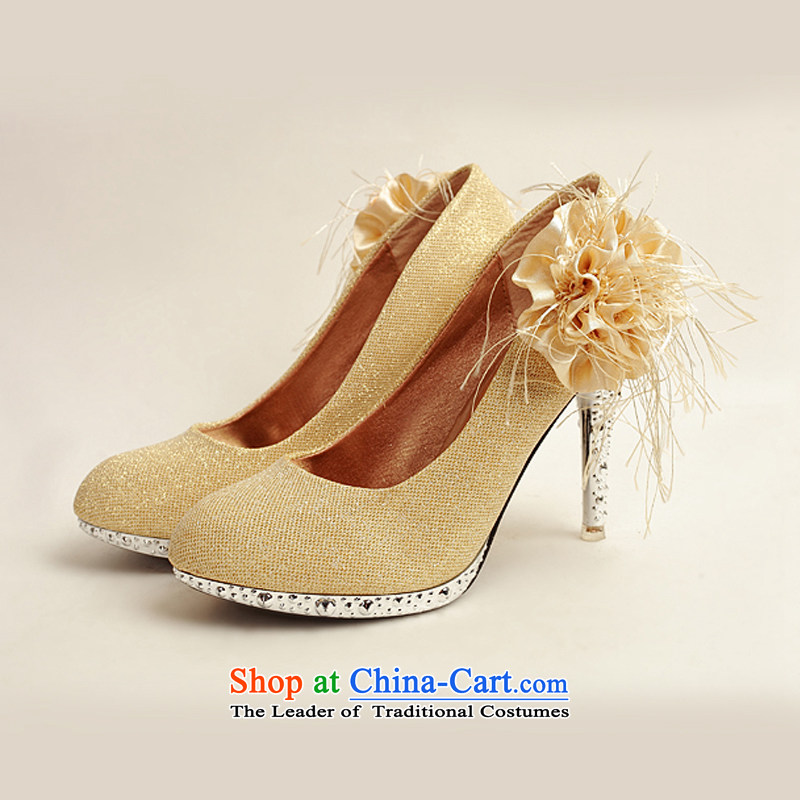 Doi m qi 2014 Women's shoe on the new bride shoes marriage shoes, gold, round head side of the flower of the high-heel shoes XZ10016 Gold Golden 35 Haid é e m Qi , , , shopping on the Internet