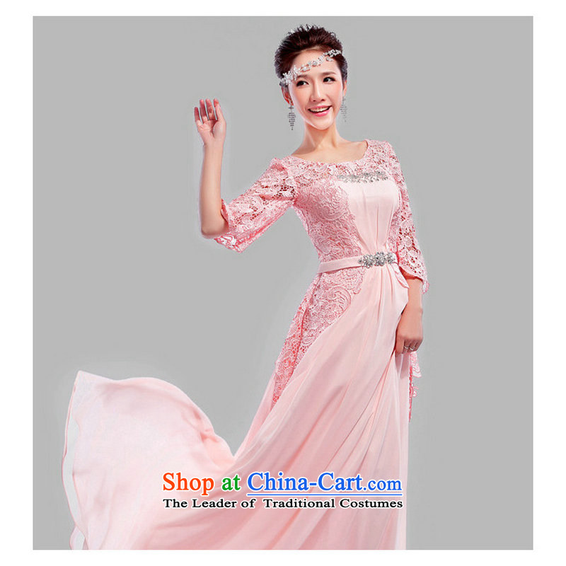 The population of Taiwan New 2014 shoulders bride lace sweet 7 cents us long-sleeved evening dresses XSM01 pinkXL