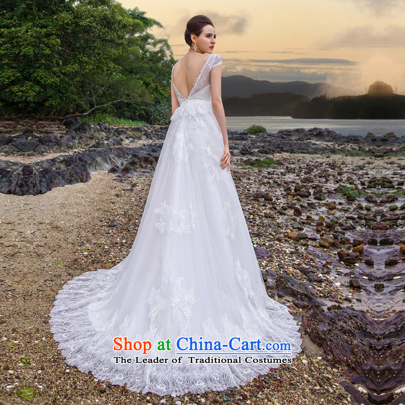 A new bride 2015 wedding sexy V-Neck small trailing lace wedding with cuff A537 wedding White M a bride shopping on the Internet has been pressed.