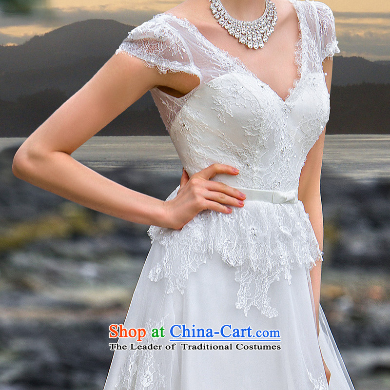 A new bride 2015 wedding sexy V-Neck small trailing lace wedding with cuff A537 wedding White M a bride shopping on the Internet has been pressed.