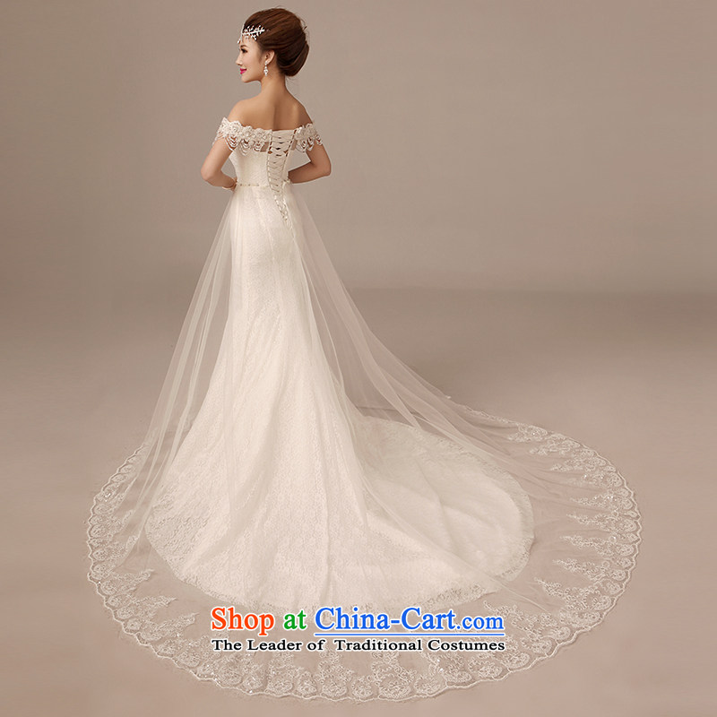 2015 Autumn and winter new one field for a crowsfoot wedding shoulder long tail lace pearl crowsfoot large trailing white wedding dresses , L, plumbing, , , , shopping on the Internet