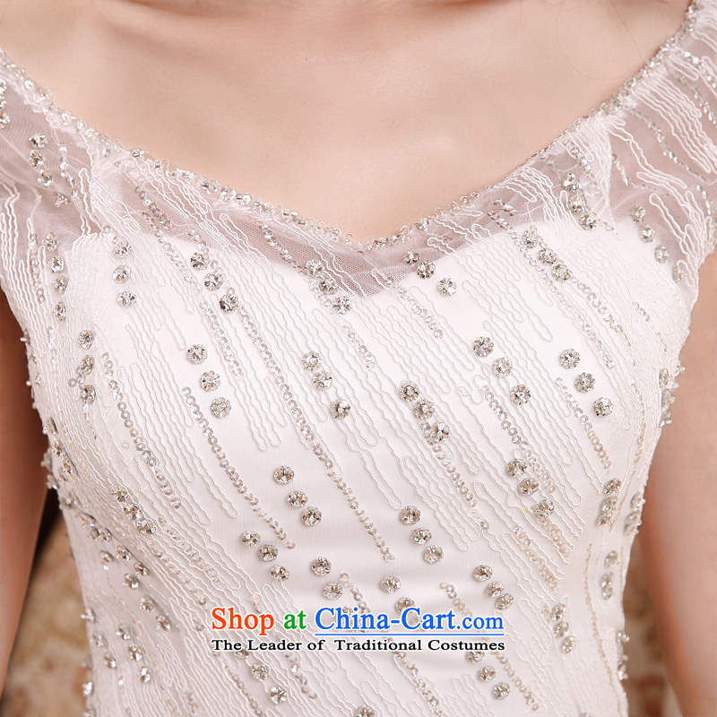 Honeymoon bride 2015 new products wedding dresses Korean shoulders deep V-Neck long tail light slice wedding band wedding White M honeymoon bride shopping on the Internet has been pressed.