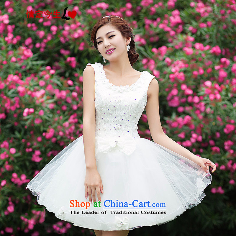 Love of the short life of wedding dresses 2015 new evening bridesmaid lace bride shoulders skirt the word shoulder white wedding dress female white S