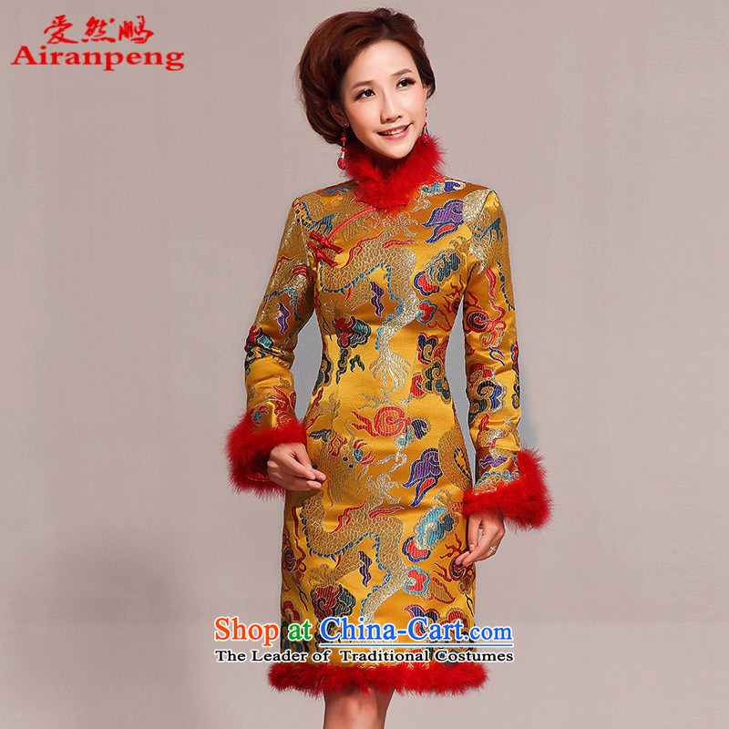 Red marriages bows service improvement package and stylish winter cheongsam short, long-sleeved qipao gown gold cotton folder to the size of the Customer for no return