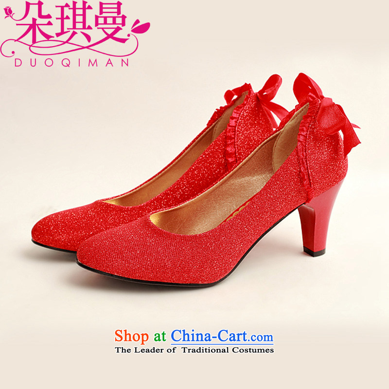 Flower Angel Romn marriages behind twine bow knot red shoes, low marriage root, simple, elegant engraving wild Red36