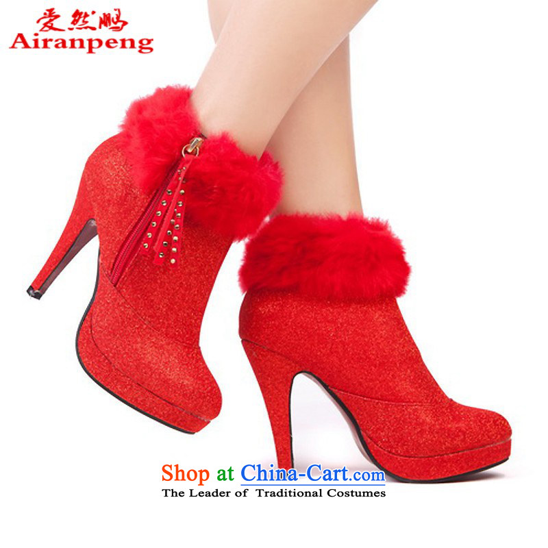 The new winter marriage shoes and a pair of red high-boots marriages gold shoe warm boots marriage shoes Red?36