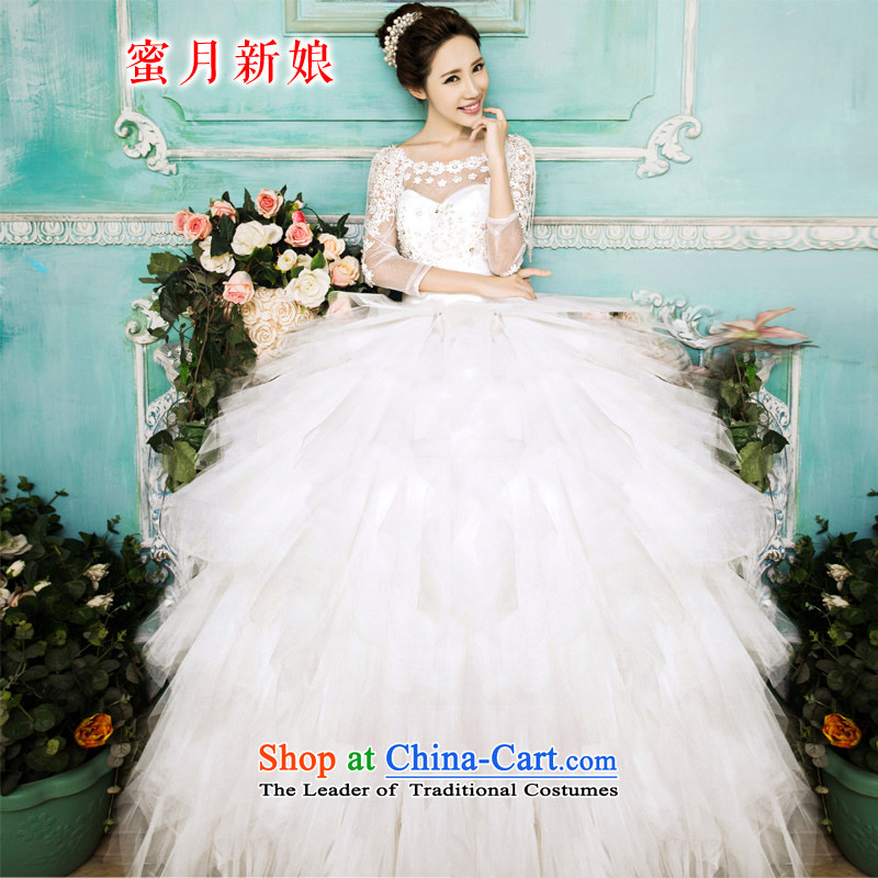 Honeymoon bride 2015 new wedding dresses Korean Antique Lace shoulders wedding alignment to bind with Wedding White M