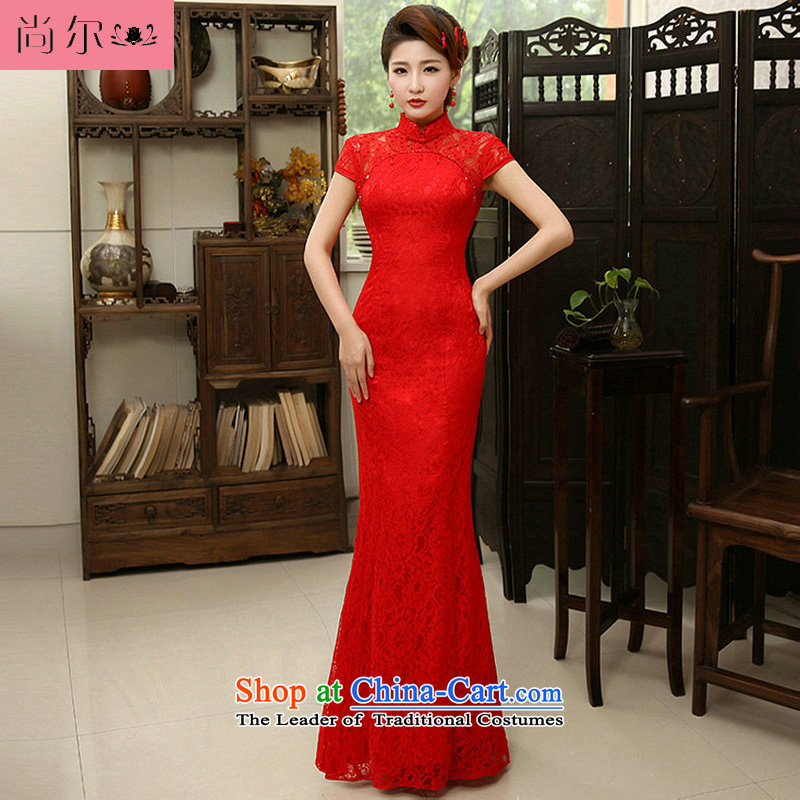 Naoji a 2014 new marriages of Chinese red crowsfoot lace long cheongsam dress al00308 REDM