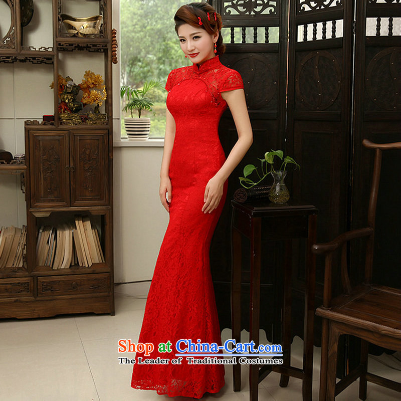 Naoji a 2014 new marriages of Chinese red crowsfoot lace long cheongsam dress al00308 RED M naoji a , , , shopping on the Internet