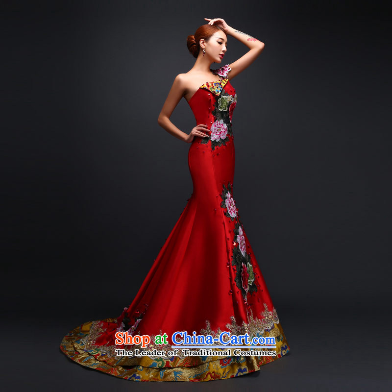 Love of the overcharged retro embroidery dragon robe dress shoulder crowsfoot dress Sau San marriages long tail bows wedding services tailor-made red spot, love of the overcharged shopping on the Internet has been pressed.