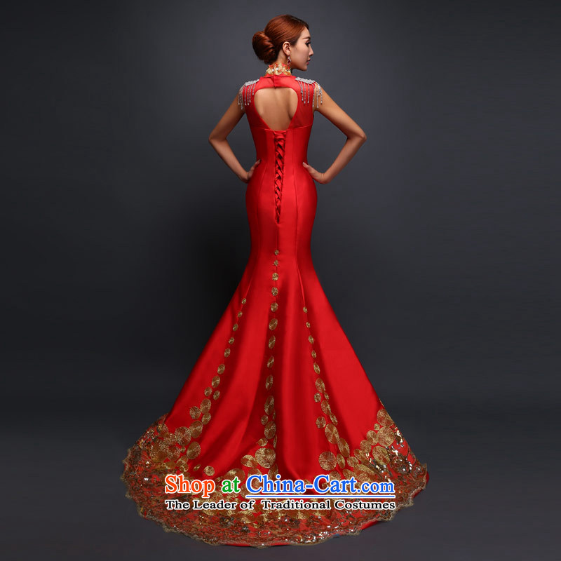 Love of the life of the word bride shoulder tail bows to Sau San crowsfoot water-drilling embroidery dress long wedding dress evening dresses wedding RED M love of the overcharged shopping on the Internet has been pressed.