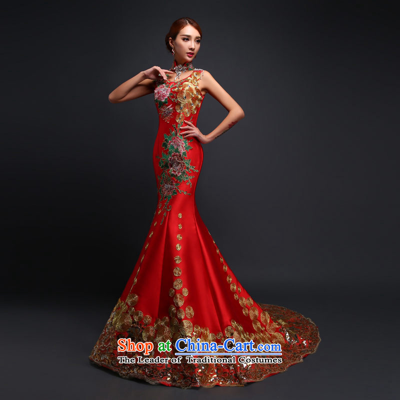 Love of the life of the word bride shoulder tail bows to Sau San crowsfoot water-drilling embroidery dress long wedding dress evening dresses wedding RED M love of the overcharged shopping on the Internet has been pressed.